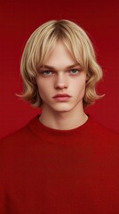 Fototapeta premium Young man with blond hair wearing a red sweater against a red background.