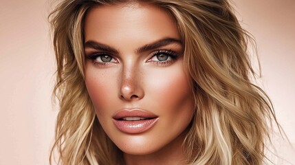 Fototapeta premium Close-up portrait of a woman with blonde hair and subtle makeup. Her beauty is naturally radiant.