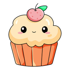 Cute Cupcake Cartoon Kawaii Sticker. Character Vector Illustration