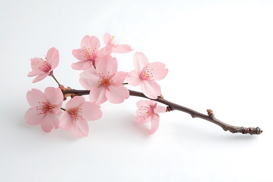 A single stem of cherry blossom flowers with soft pink tones, isolated on a clean white background. - Powered by Adobe