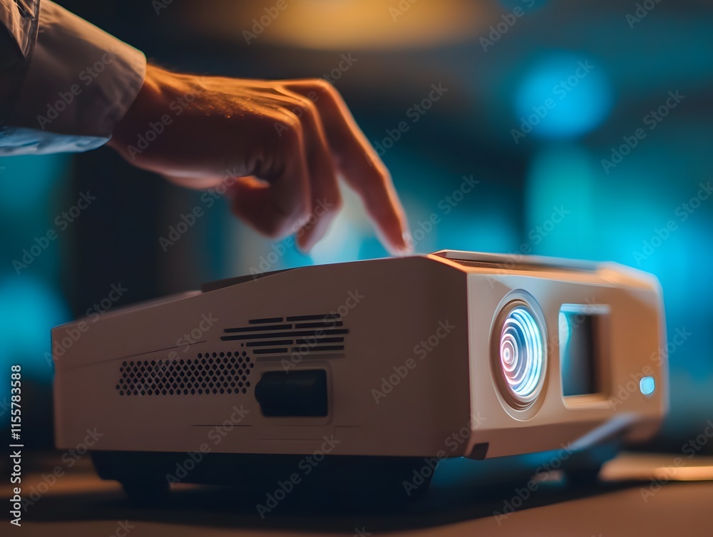 Poster Close-Up of a Person's Hand Adjusting a Projector in a Modern Office Environment with Soft Lighting and a Blurred Background