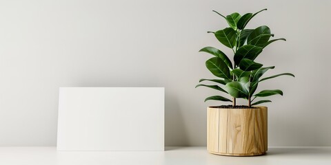 A close-up of a wooden pot holder holding an indoor plant&nbsp;a white card&nbsp;a blank white background&nbsp;and a large writing area, Generative AI.