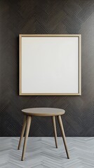 Blank picture frame on colorful striped wallpaper, 3d render illustration