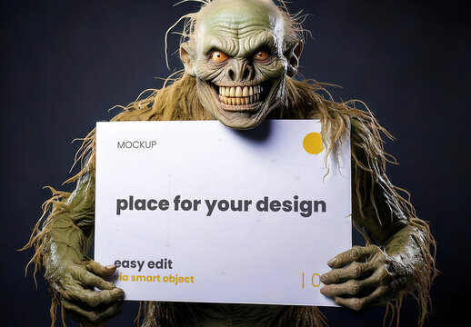 Ugly Green Ogre Swamp Holdign An Horizontal Page Poster Sign Halloween Mockup