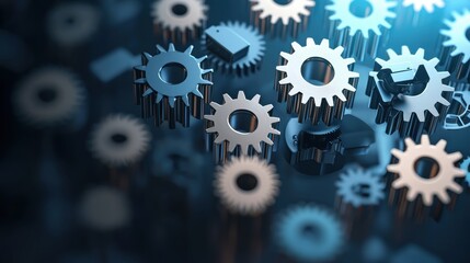 Interconnected gears in motion industrial workshop macro photography high-tech environment close-up view mechanism concept
