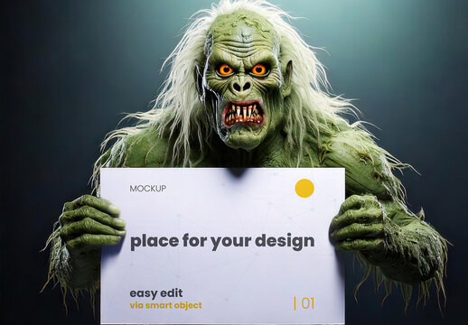Ugly Ogre Swamp Holdign An Horizontal Page Poster Sign Halloween Mockup