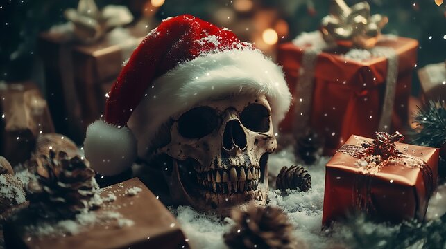 A cozy yet eerie scene of a skull adorned with a Santa hat, surrounded by festive decorations like gifts and snow, blending warmth with a chilling atmosphere