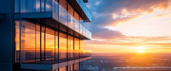 Modern building reflecting a vibrant sunset over the city skyline.