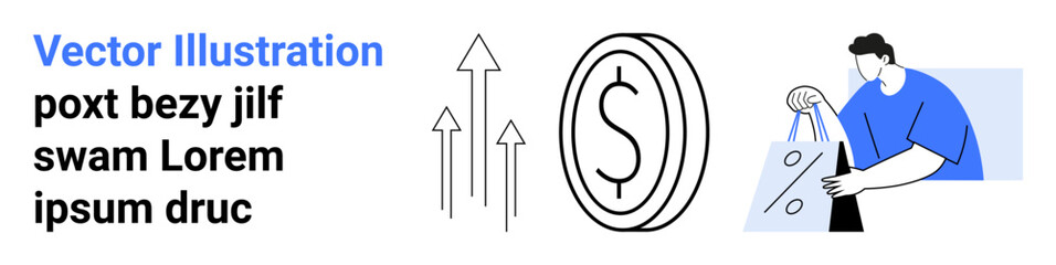 Man holding shopping bag, several upward arrows, and large dollar coin sign emphasizing concepts of economic growth, commerce, financial success, and consumer behavior. Ideal for finance, retail