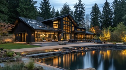 Fototapeta premium Modern Black House Surrounded by Trees and Reflecting Water at Dusk