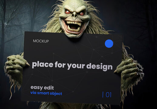 Ugly Ogre Swamp Thing Holdign An Horizontal Page Poster Sign Mockup