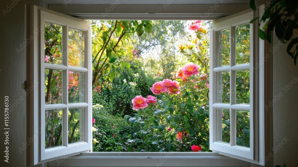 Fototapete bright garden view from an open window showcasing colorful blooms and lush greenery during a sunny d