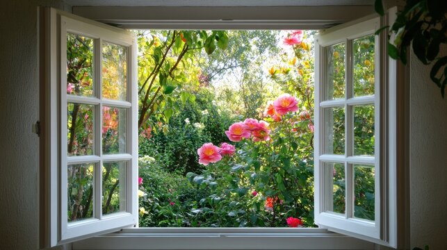 Fototapeta Bright garden view from an open window showcasing colorful blooms and lush greenery during a sunny day. Generative AI