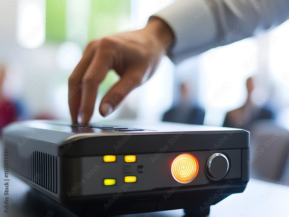 Aufkleber Close-Up of a Hand Adjusting Controls on a Projector with Bright Lights, Focused on Technology in a Modern Presentation Setting