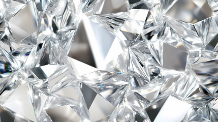 Abstract background made of white crystal, diamond texture, shiny and bright surface, geometric pattern with triangles