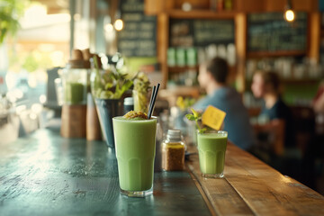 Friends enjoying refreshing organic smoothies at a cozy cafe during a sunny afternoon gathering