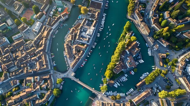 Aerial view of Zurich city center with lake and boats, Switzerland