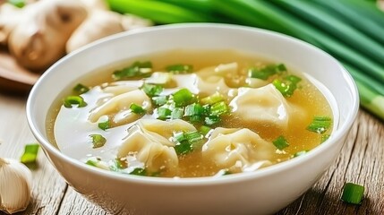 Bowl of delicious wonton soup with fresh green onions