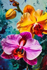 Vibrant yellow and purple orchids with lush green leaves, on deep starry backdrop, offering beautiful floral composition ideal for enhancing elegance in design projects.