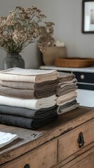 Cozy stack of warm blankets on wooden table near window in inviting home interior