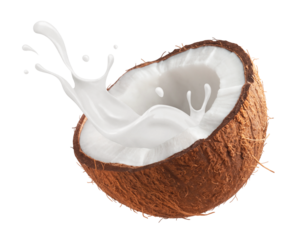 Splash of coconut milk and half of coconut isolated on transparent background.