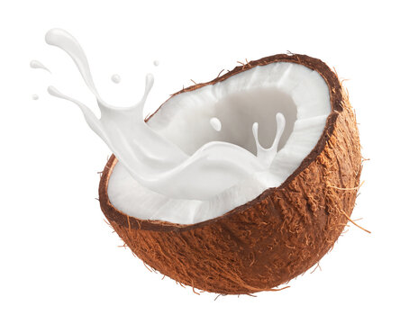 Splash of coconut milk and half of coconut isolated on transparent background. - Powered by Adobe