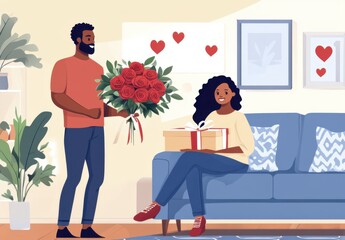 A man surprises a woman with a bouquet of roses and a gift while they enjoy a cozy St. Valentine&rsquo;s Day celebration at home