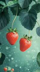 Realistic digital painting depicting two ripe strawberries hanging from a slender brown stem against a blurred green background