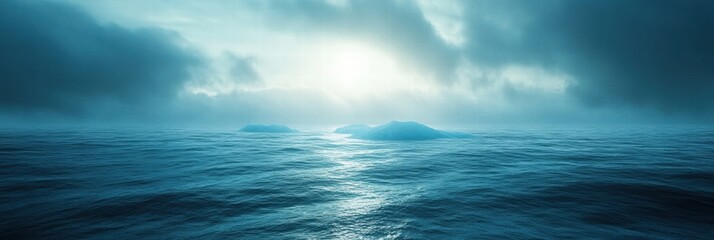 Obraz premium Melting iceberg adds contrast to vast blue ocean under dramatic clouded sky. Generative AI