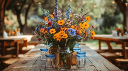 Beautiful outdoor table setting with vibrant floral arrangement in a garden