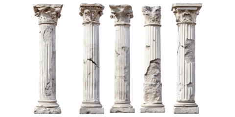 Ancient greek ionic columns lineup isolated on transparent background