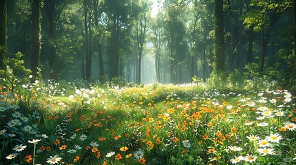 Spring forest with blooming wildflowers