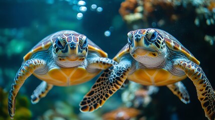Fototapeta premium Two sea turtles swimming gracefully in an ocean aquarium setting during daylight hours