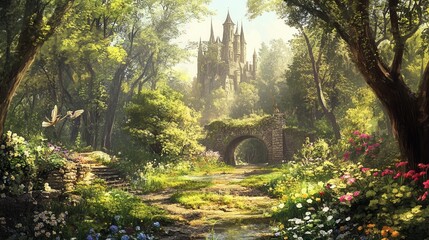 Obraz premium Enchanted Forest with Castle in Background and Colorful Flowers