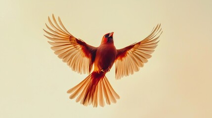 Obraz premium A red bird flies in the air, wings spread wide, head turned slightly to the side
