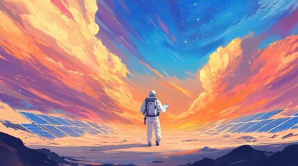 Fototapeta premium Astronaut Standing on a Planet Under Colorful Sky with Solar Panels