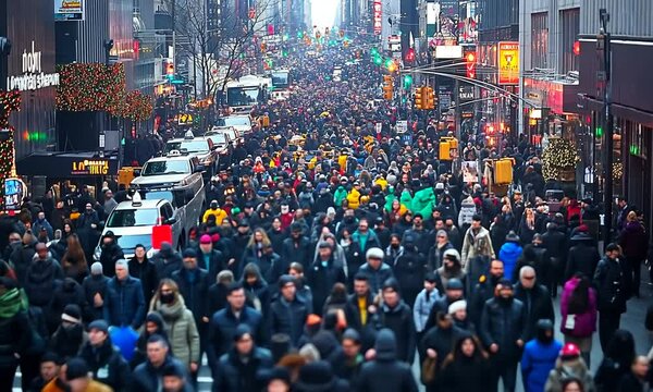 Crowds of busy people walking through the intersection of 5th Avenue and 23rd Street in Manhattan, New York City