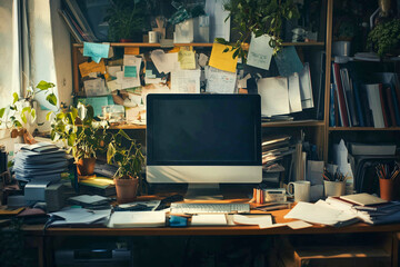 cluttered desk with a computer monitor and a potted plant. The desk is covered in papers and books, and there is a cup of coffee on the table. Scene is busy and chaotic