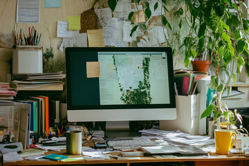  cluttered desk with a computer monitor and a potted plant. The desk is covered in papers, books, and other items, giving it a disorganized and chaotic appearance