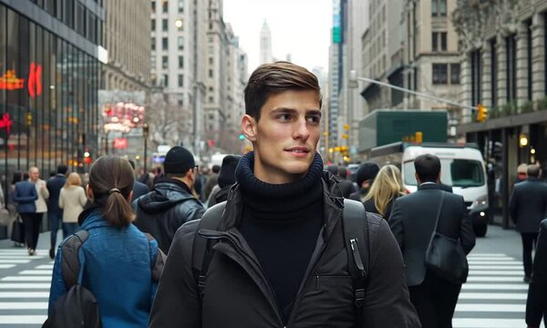 Crowds of busy people walking through the intersection of 5th Avenue and 23rd Street in Manhattan, New York City
