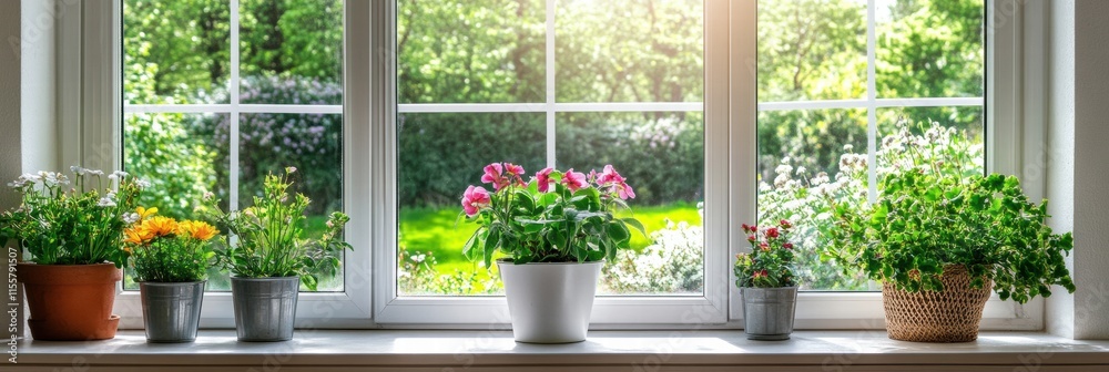 Poster Bright garden view from a window with colorful flowers and greenery during the day. Generative AI