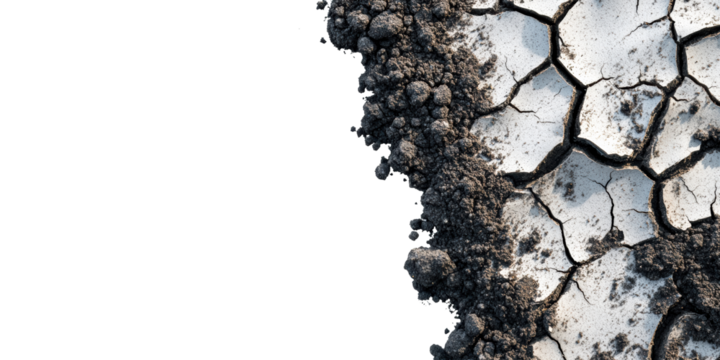 Close-up of dry cracked soil with earthy texture isolated on transparent background