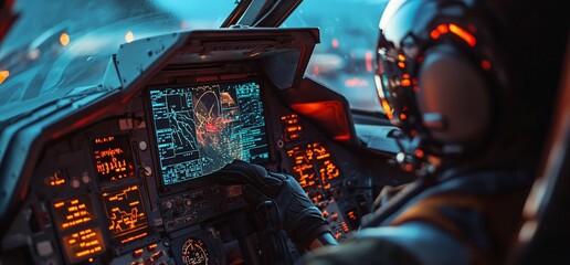 Pilot operating an aircraft cockpit with advanced technology and screens.