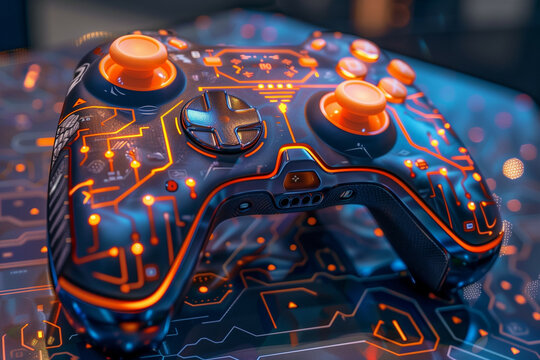A close-up of a futuristic video game controller with vibrant neon circuitry on a reflective surface