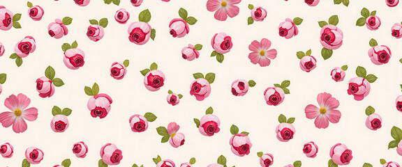 A floral pattern with pink flowers and green leaves. The flowers are scattered throughout the image, with some larger and some smaller. Scene is one of beauty and tranquility