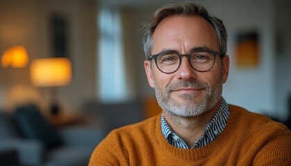 Man with glasses in an orange sweater smiles warmly in a inviting and relaxed indoor space