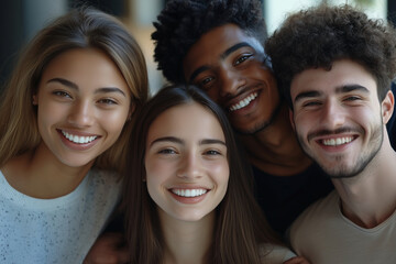 Fototapeta premium group of people are smiling and posing for a picture. Scene is happy and friendly