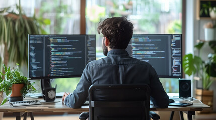 A young man focused on coding at his well-organized workstation with multiple screens and indoor plants in a modern home office environment