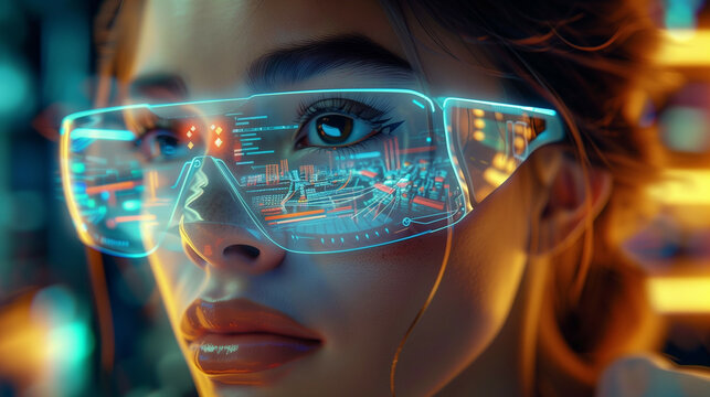 A young woman wearing futuristic augmented reality glasses displaying dynamic urban data overlays, in a vibrant, neon-lit setting