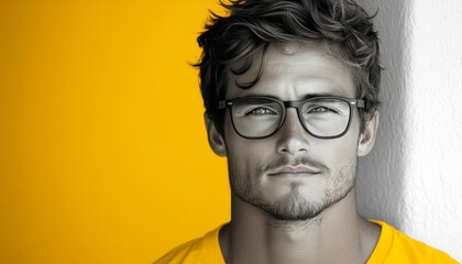 Fototapeta premium Young man with glasses exudes confidence against a bold yellow backdrop, highlighting style